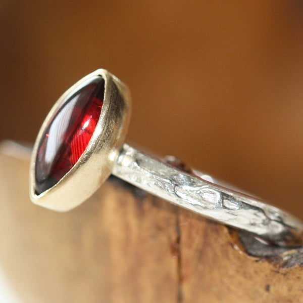 Marquise Garnet silver and gold textured ring