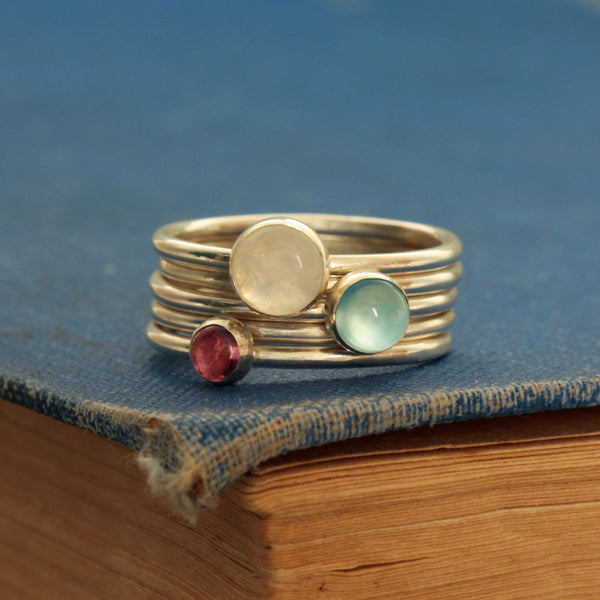 Blue Chalcedony, Moonstone and Tourmaline ring