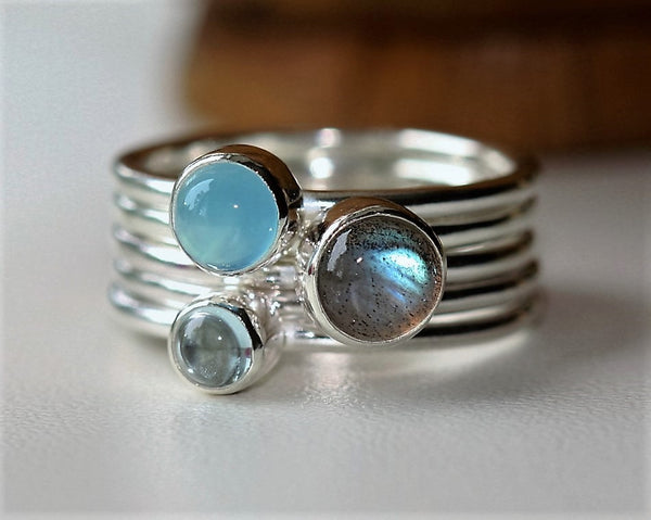 Blue Chalcedony, labradorite and Aquamarine rings