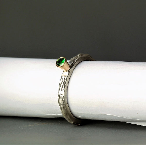 Emerald handmade silver and gold textured ring