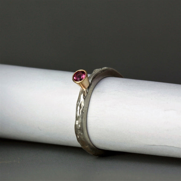 Pink Tourmaline silver and gold textured ring