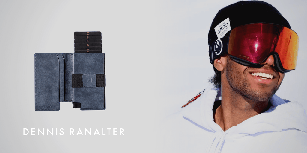 Image of Dennis Ranalter smiling with a ski visor on, and an Ekster slim wallet superimposed next to him.