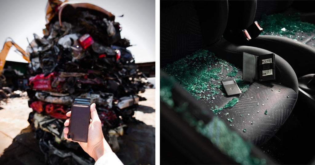 Person holding up an Ekster leather wallet in front of a pile of flattened cars