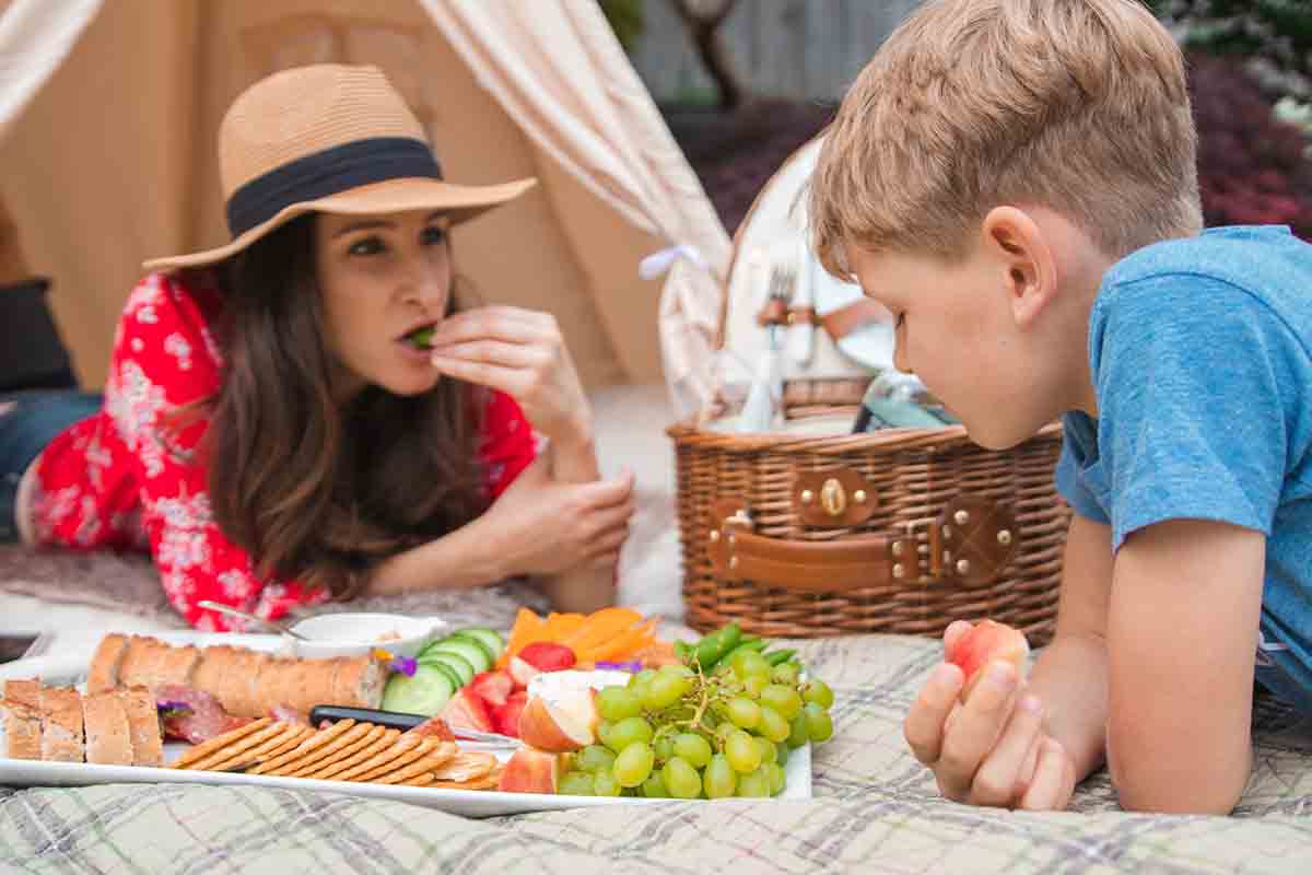 Mother and son enjoying a spring picnic