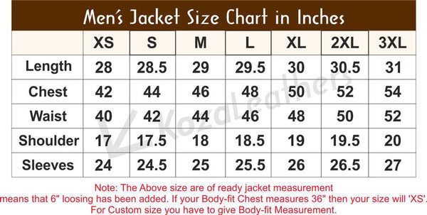 Men Leather Blazer Size Chart - Koza Leathers