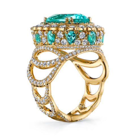 Erica Courtney's Easter Egg Paraiba ring seen from the side fully highlighting Erica's passion for Architecture