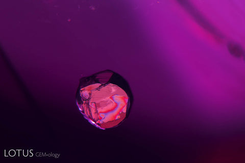 Iridescence on a chalcopyrite crystal as it floats within the interior of a ruby from Mozambique’s Montepuez region