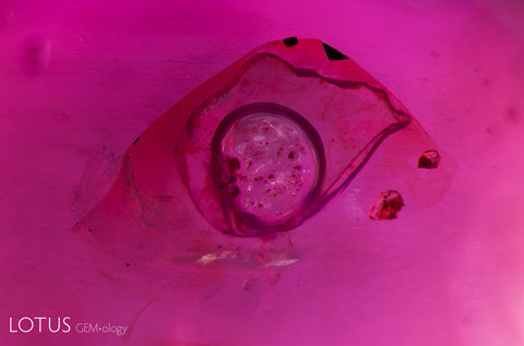 This round gas bubble is suspended in a small cavity on a Burmese ruby which has some filler substance (this could be resin or oil). Oil is often used to mask the appearance of fissures and cavities