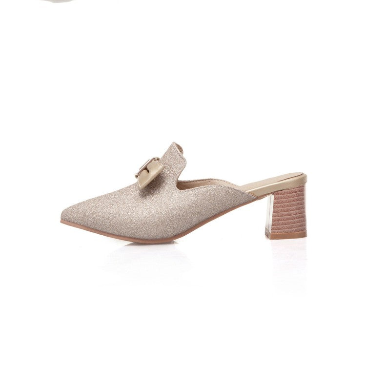 Women's Glittery Bow Tie Pointed Toe Block Heel Slides