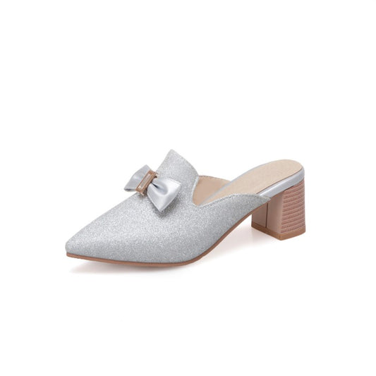 Women's Glittery Bow Tie Pointed Toe Block Heel Slides