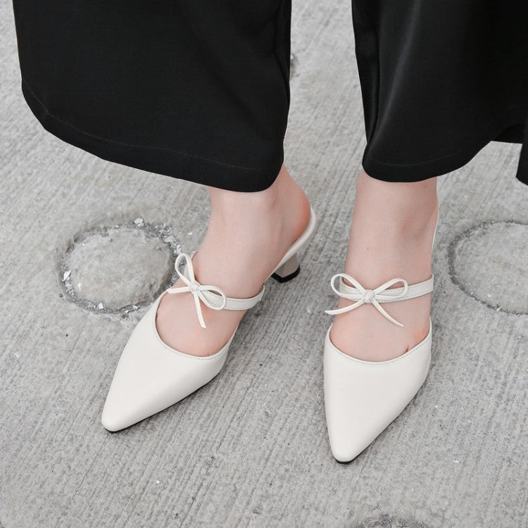 Women's Pointed Toe Tie Straps Spool Heel Slides Slip On Sandals