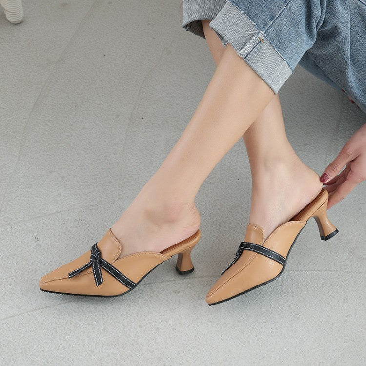 Women's Pointed Toe Bicolor Bow Tie Spool Heel Slides Slip On Sandals