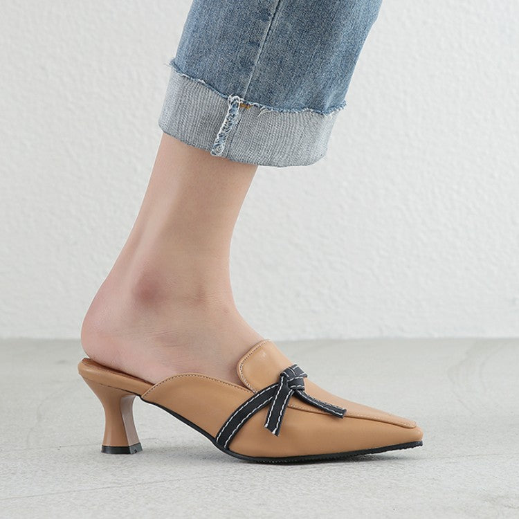 Women's Pointed Toe Bicolor Bow Tie Spool Heel Slides Slip On Sandals