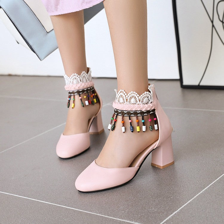 Women's Ethnic Tassel Lace Block Chunky Heel Sandals