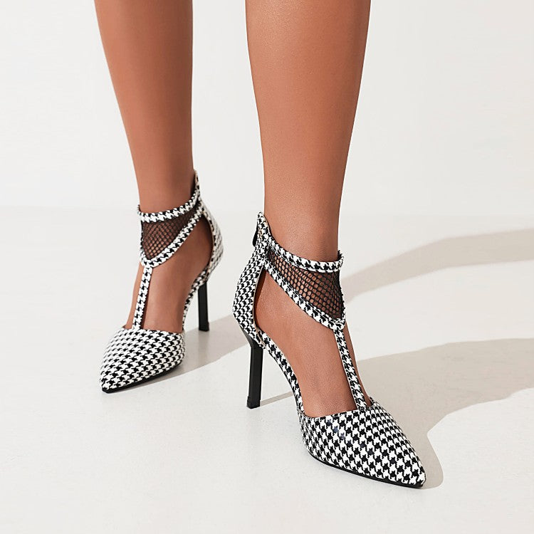 Women's Pointed Toe T Strap Mesh Stiletto Heel Sandals
