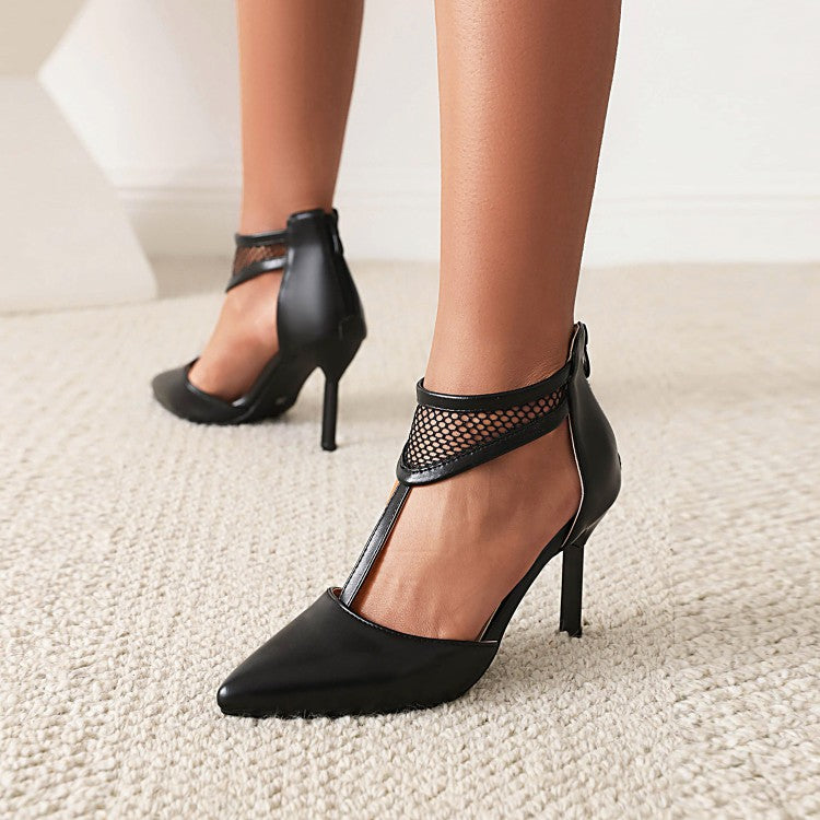 Women's Pointed Toe T Strap Mesh Stiletto Heel Sandals