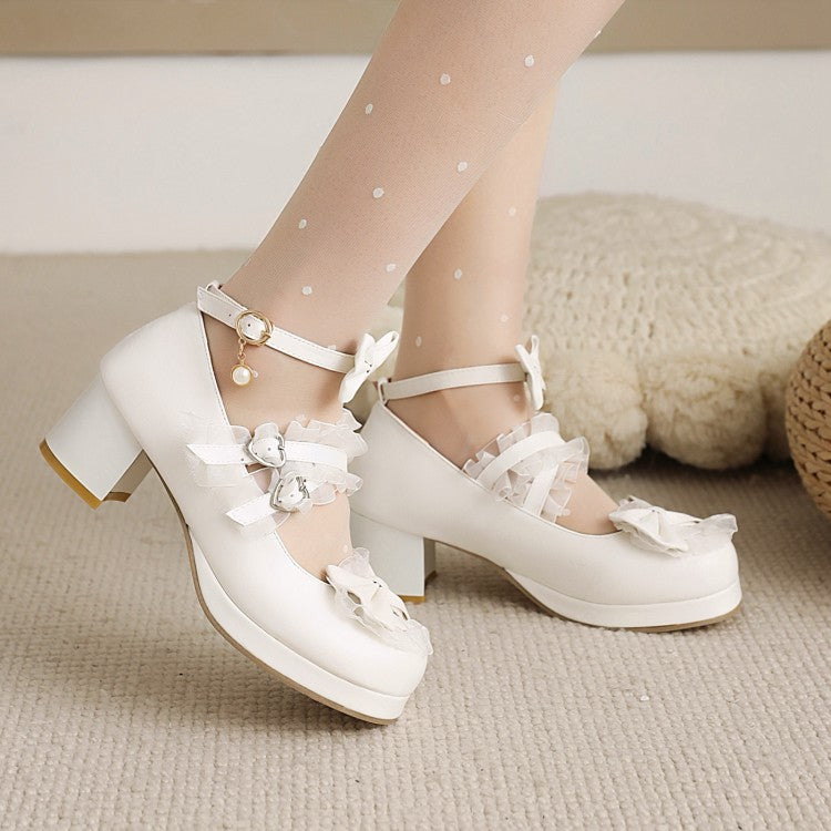 Women's Round Toe Lace Bow Tie Chunky Heel Pumps