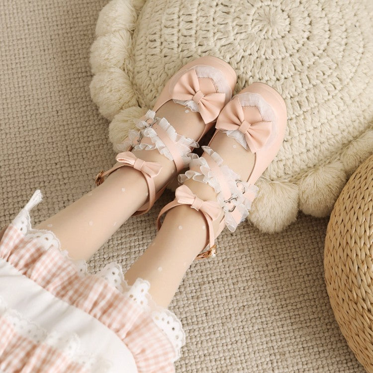 Women's Round Toe Lace Bow Tie Chunky Heel Pumps