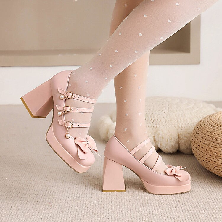 Women's Square Toe Straps Buckles Bow Tie Pearls Chunky Heel Platform Pumps