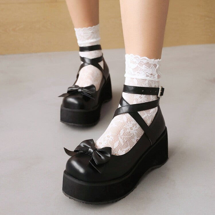 Women's Lolita Bow Tie Buckle Ankle Strap Wedge Heel Platform Pumps