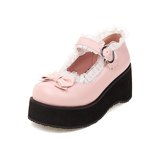 Women's Lolita Round Toe Lace Bow Tie Wedge Heel Platform Pumps