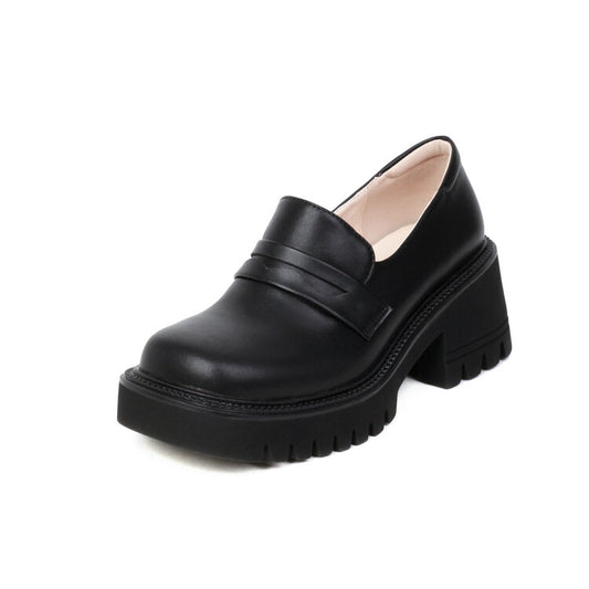 Women's Square Toe Block Chunky Heel Platform Loafers