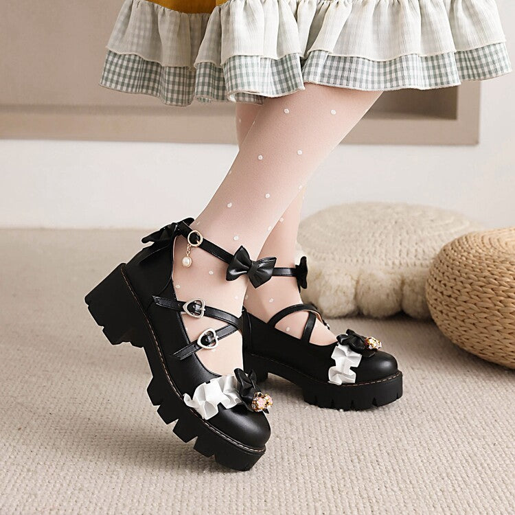 Women's Lolita Lace Bow Tie Chunky Heel Platform Pumps