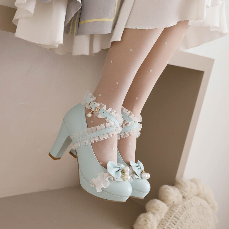 Women's Almond Toe Lace Bow Tie Pearls Chunky Heel Platform Pumps