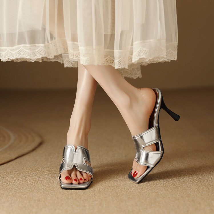 Women's Metal Patent Spool Heel Slip On Slides Sandals