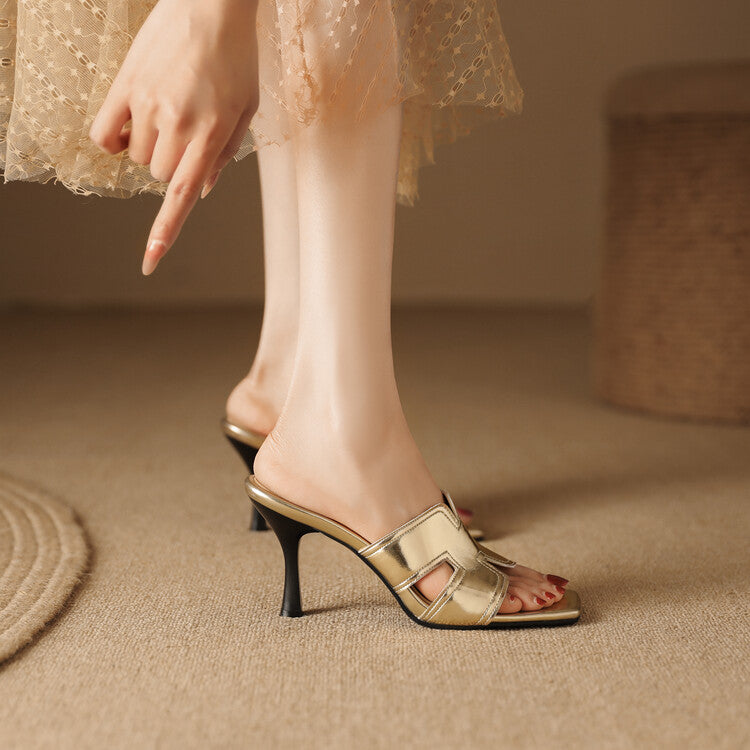 Women's Metal Patent Spool Heel Slip On Slides Sandals