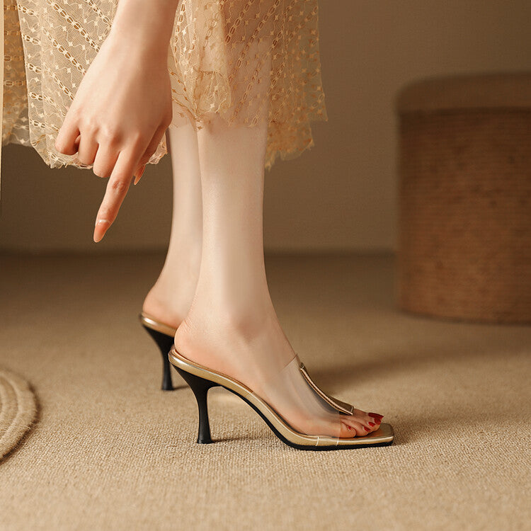 Women's Metal Patent Clear Spool Heel Slip On Slides Sandals