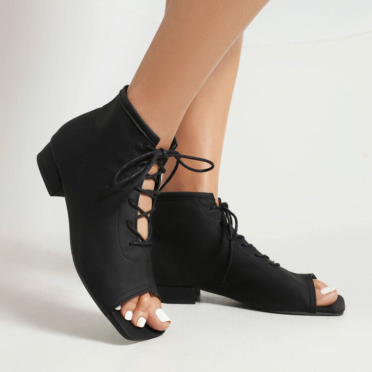 Women's Square Open Toe Lace-Up Flat Sandals
