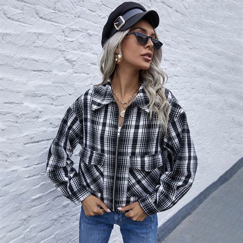 Retro Turn-down Collar plaid Woolen Women Jackets