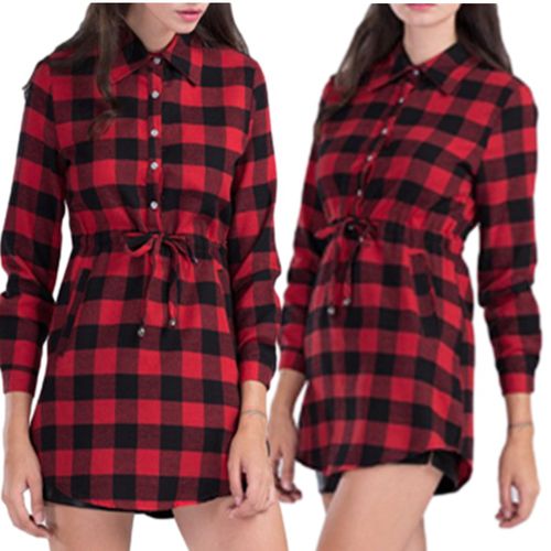 Plaid Shirt Spring Summer Skinny Beam Waist Mid Length A-line Skirt Women Dresses