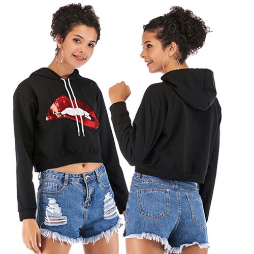 Lip Sequin Print Hoodie Spring Slim Short Woman Sweatshirt