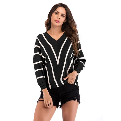 Casual Striped Sweater Women's Spring Slim V-neck Joker Sweater