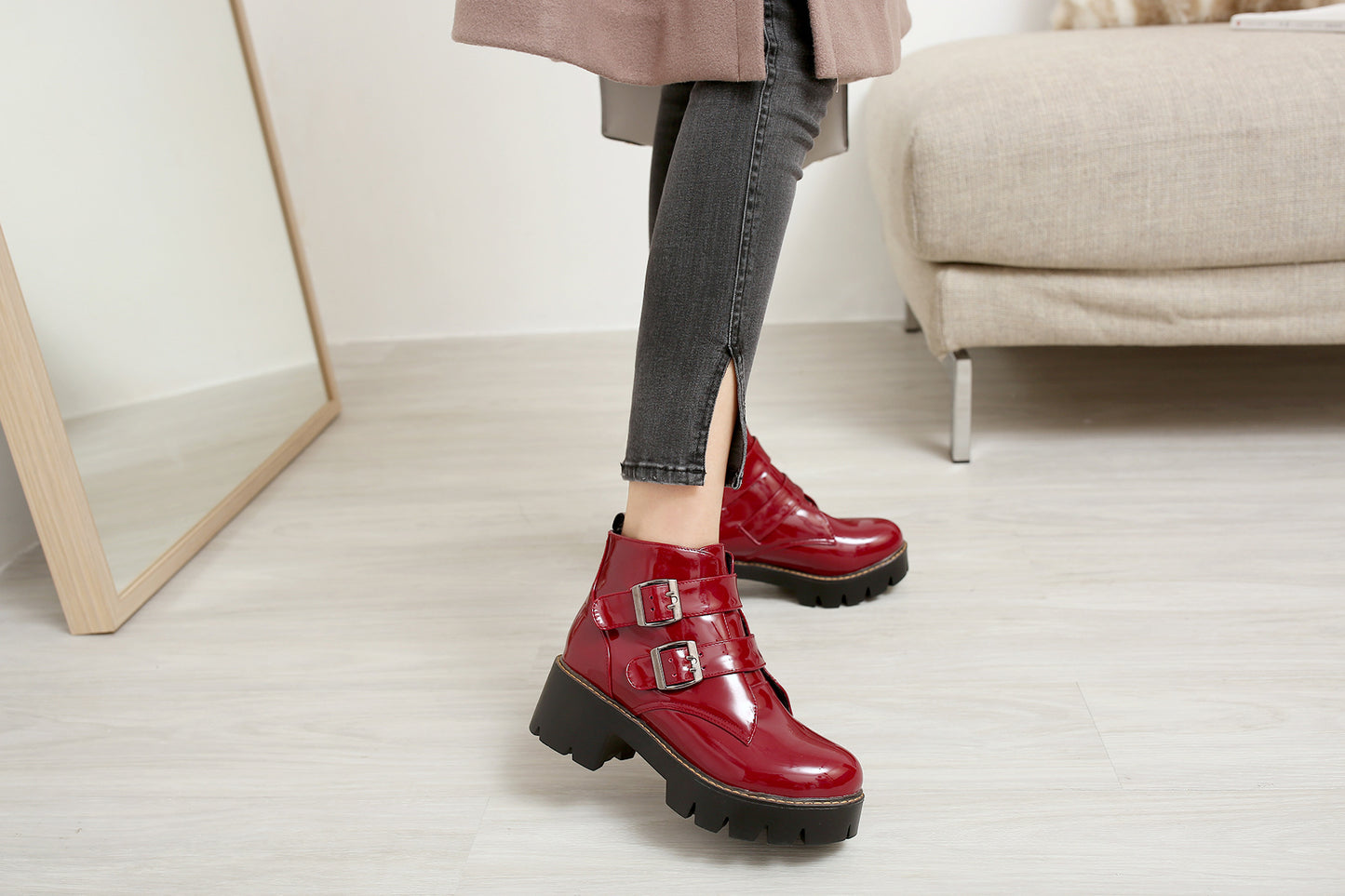 Autumn and Winter Patent Leather Short Boots Buckle Ankle Boots Women Shoes