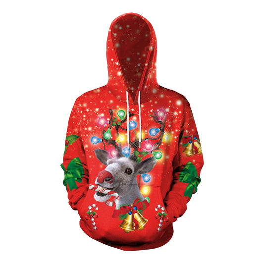 Couple Reindeer Print Loose Large Size Hooded Sweatshirt