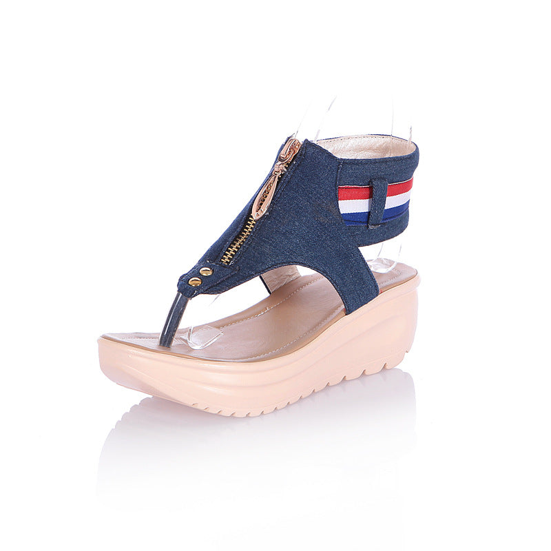 Denim T Strap Women Platform Sandals Wedge Heels Shoes for Summer 4419