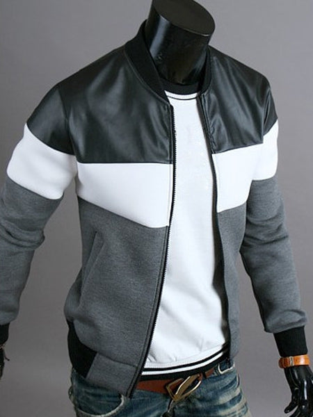 Classic Color Block PU Leather Spliced Rib Hem Stand Collar Long Sleeves Men's Slimming Jacket 1689