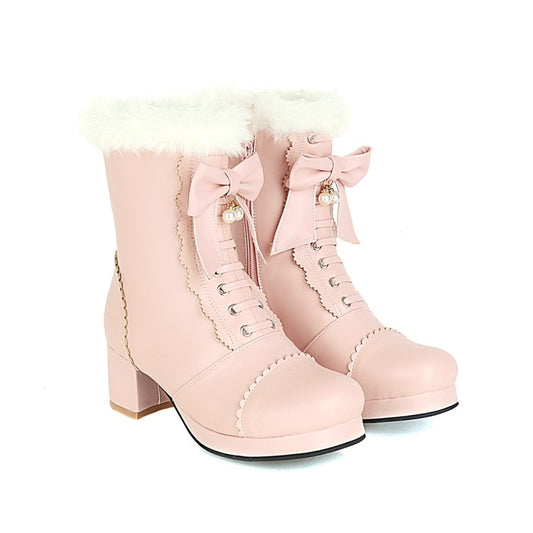 Women's  Bowtie High Heel Short Snow Boots