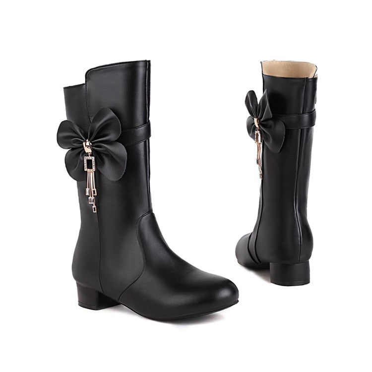 Women's  Bow Low Heel Mid Calf Boots