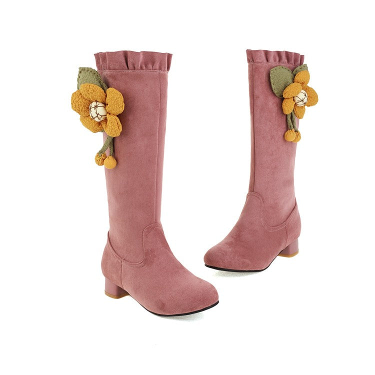 Women's  Flower Low Heel Mid Calf Boots