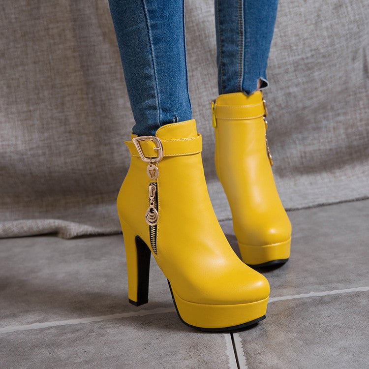 Women's Buckle Zipper Platform High Heel Short Boots