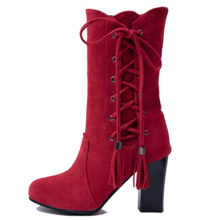 Women's Zip Lace Up High Heel Mid Calf Boots