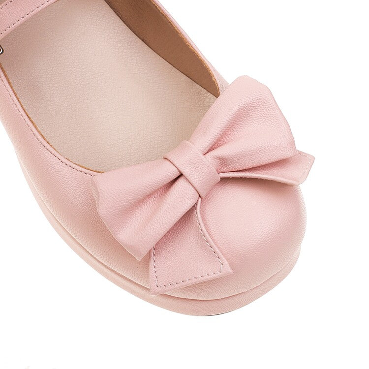 Women's Pumps Lolita Solid Color Round Toe Butterfly Knot Block Heel Shoes
