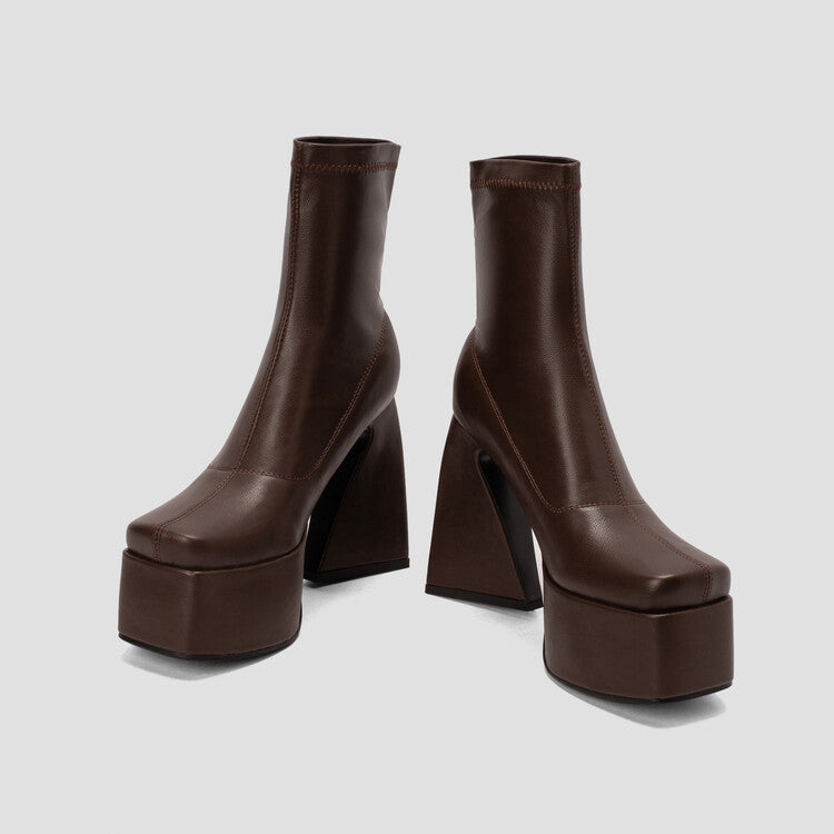 Women's Pu Leather Square Toe Chunky Heel Platform Short Boots