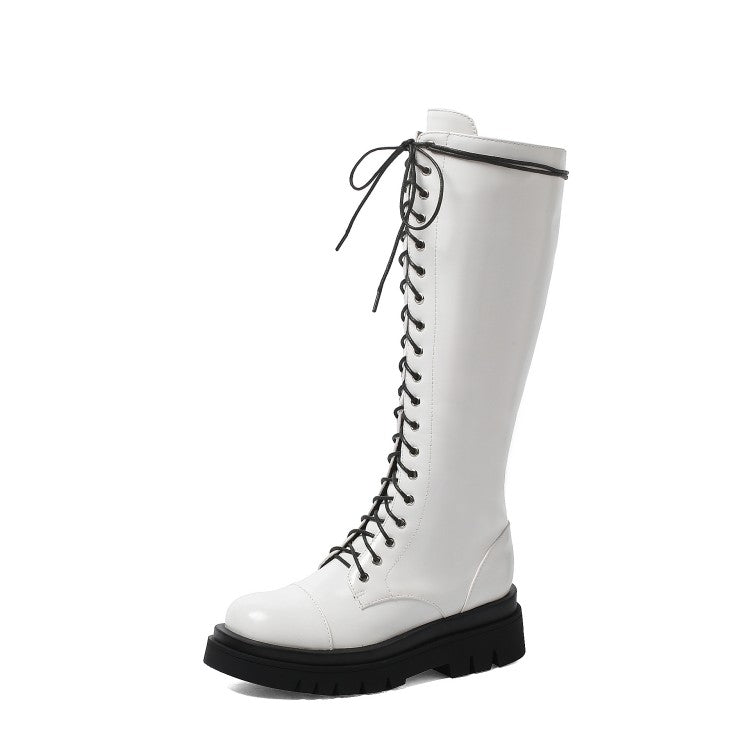 Women's Pu Leather Lace Up Side Zippers Knee High Boots