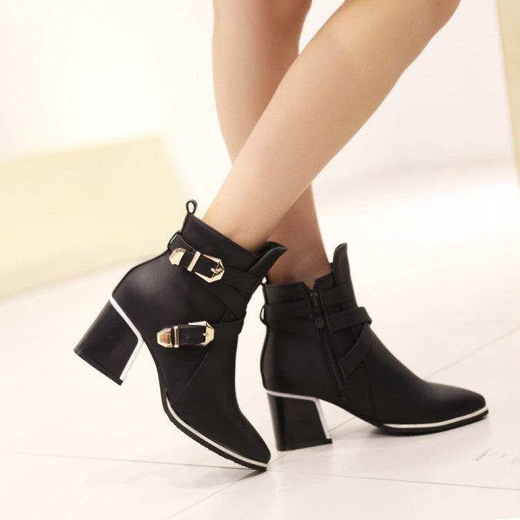 Pointed Toe Short Motorcycle Boots Chunky Heels Plus Size Women Shoes 3274