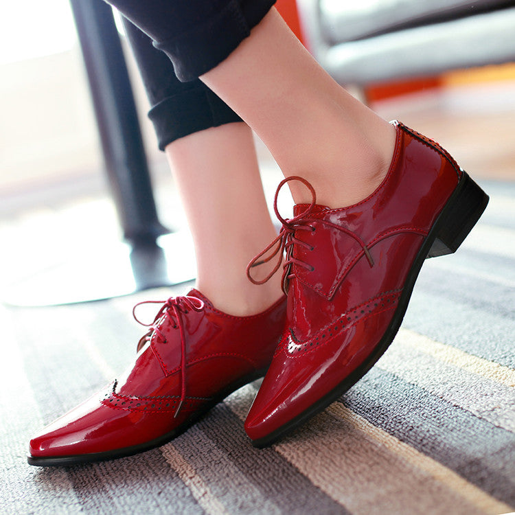 Women's Glossy Pointed Toe Tied Lace Up Puppy Heel Chunky Heels Oxford Shoes